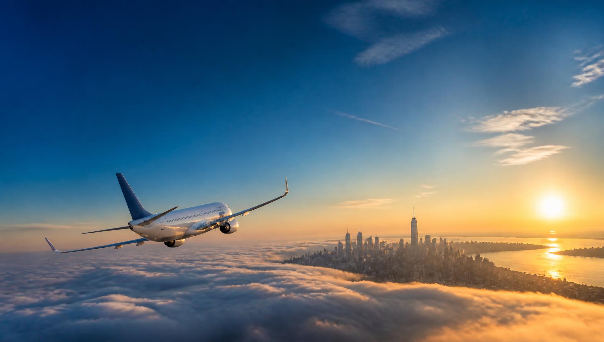 Passenger aircraft flying above clouds toward a global city